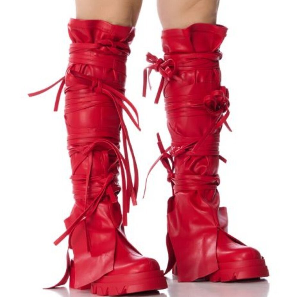AZALEA WANG "STRAPPED UNLIMITED" RED BOOTIE WITH STRAPPY TIE UP COVER(BRAND NEW!